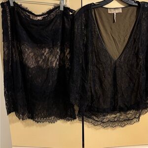 BCBGMaxAzria Sheer Black Lace top & matching skirt with beige lining.
